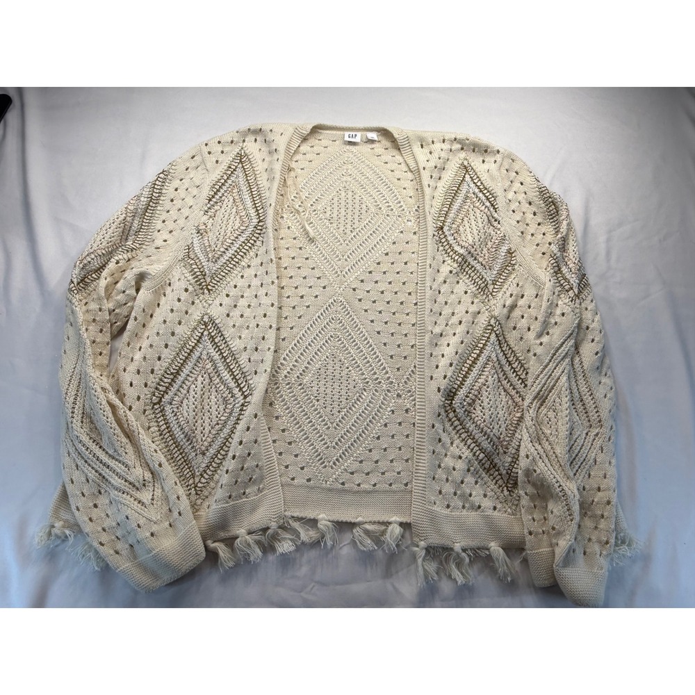 Gap Women XXL Ivory Pointelle Knit Cardigan Metallic Diamond Fringe Open Front